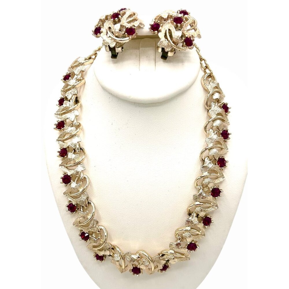 VINTAGE ART ARTHUR PEPPER SIGNED RUBY RED GOLD TONE NECKLACE CLIP EARRING SET